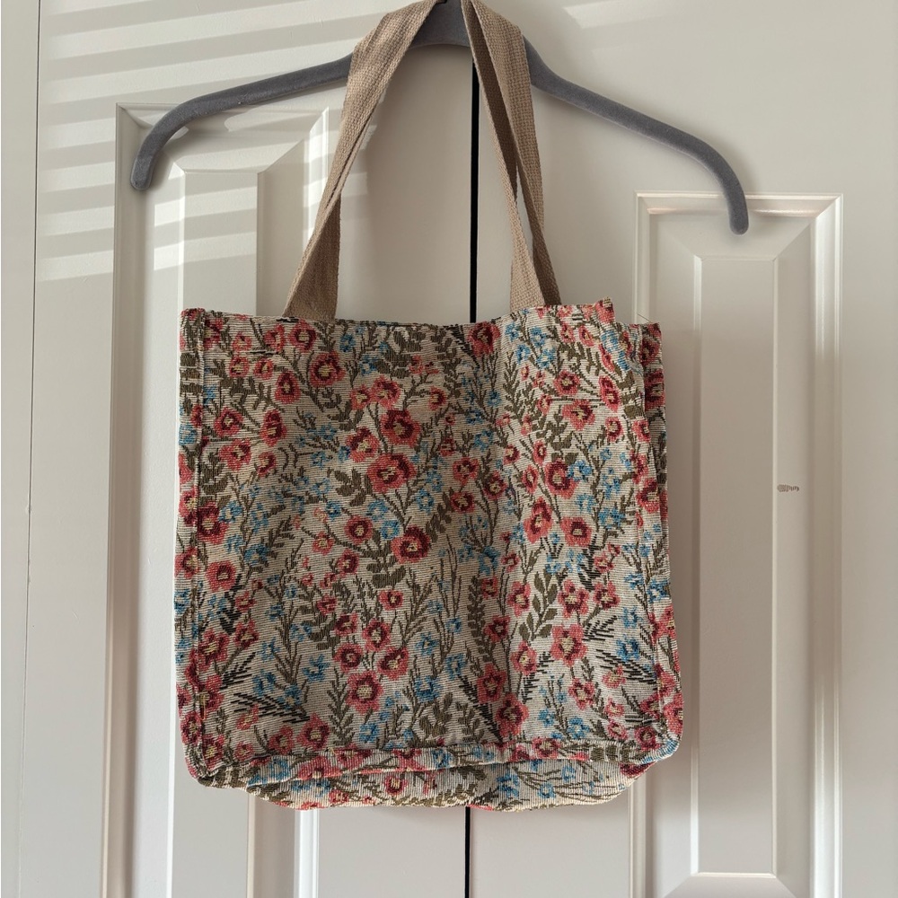 Floral Canvas Tote Bag in Beige with Pink and Blue Accents